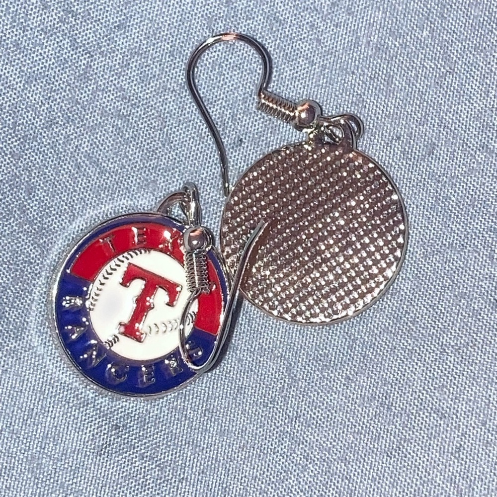 Texas Rangers Red & Blue Baseball 'T' Dangle Earrings